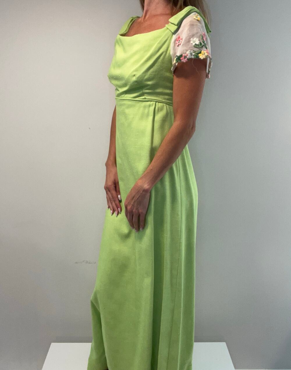 Vintage 1960s-70s Handmade Dress Lime Green Sheer Sheer Sleeves Empire Waist JL